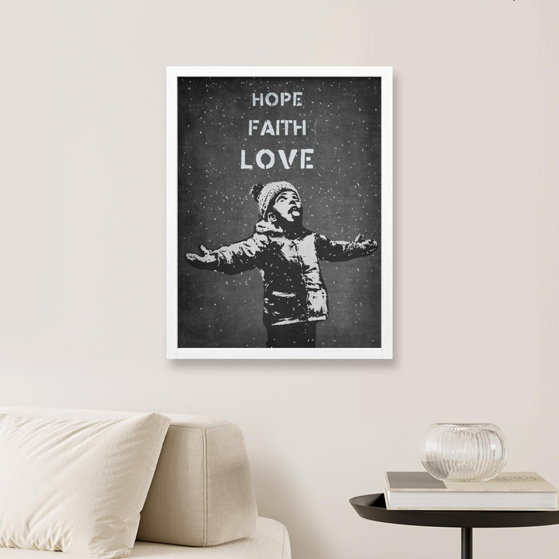 «Banksy Hope Faith Love Wall Art gris foncé, décoration murale industrielle, citations inspirantes» sur papier, Blanc