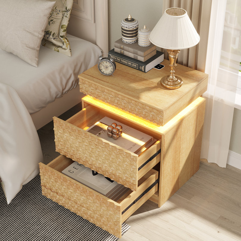 Table de chevet 2 tiroirs avec lumière, Bois