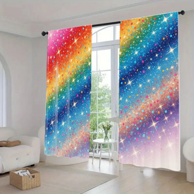 2Pcs Colorful Glitter Star Curtains, Rainbow Gradient Patterned Modern Room Window Drapes Decor for Living Bedroom Kitchen Rod Pocket, Light Filtering Treatment