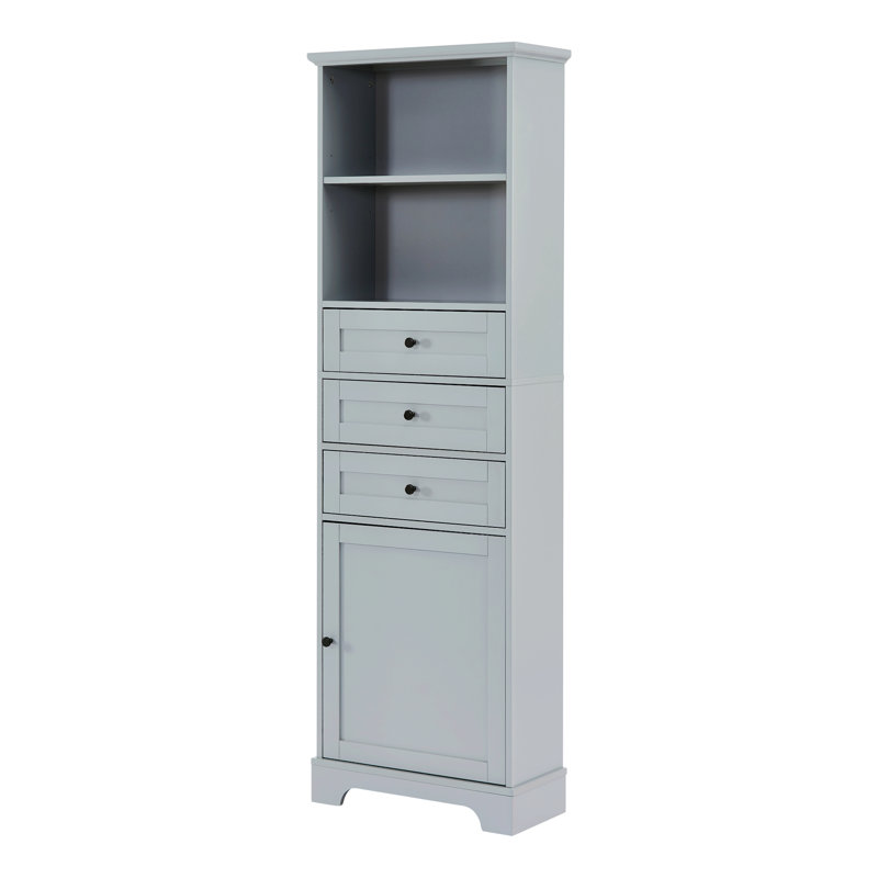 Armoire de salle de bain autoportante Anegada, armoire de rangement haute avec 3 tiroirs et tablettes réglables, Gris pâle 1