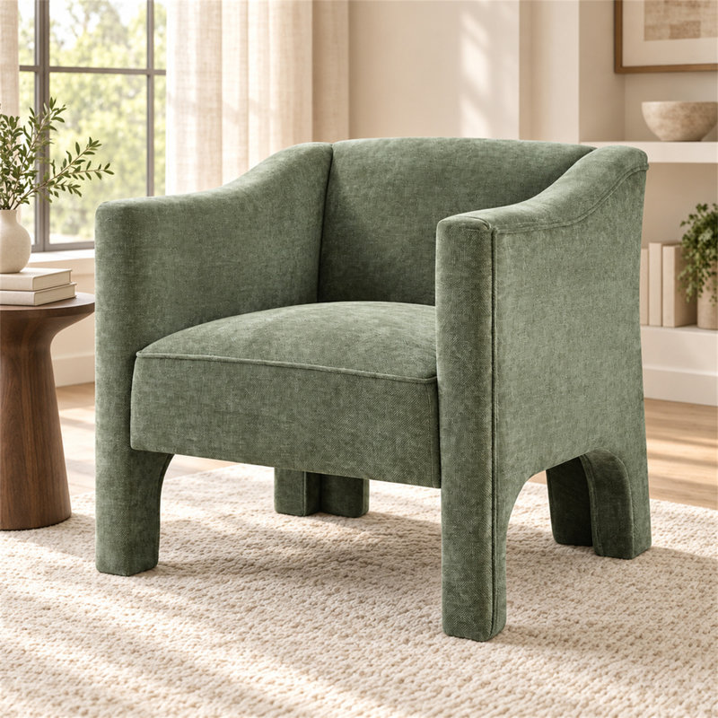 Fauteuil d'appoint moderne en forme de tonneau, fauteuil rembourré en chenille avec accoudoirs fermés, vert, Green