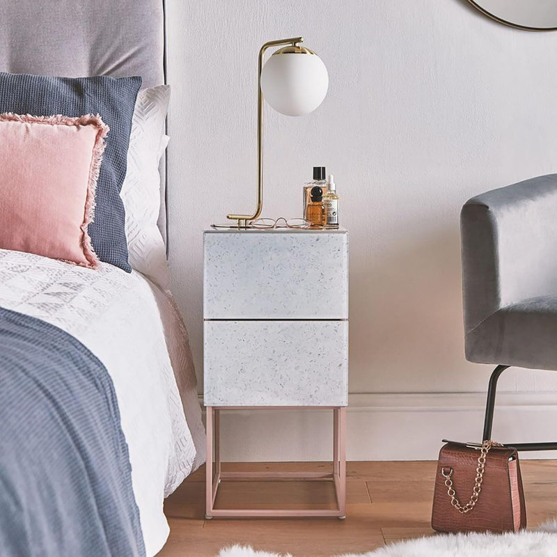 Table de chevet à double tiroir en pierre de marbre trempé pour chambre à coucher et salon, Gris