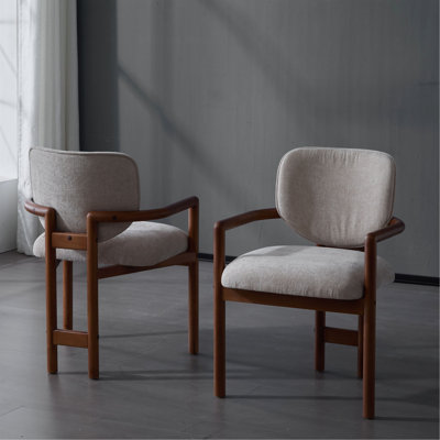 Dining Chairs Set Of 2 Upholstered Arm Chairs, Rubber Wood Accent Chairs Beige Fabric Seating, 300 LBS Weight Capacity