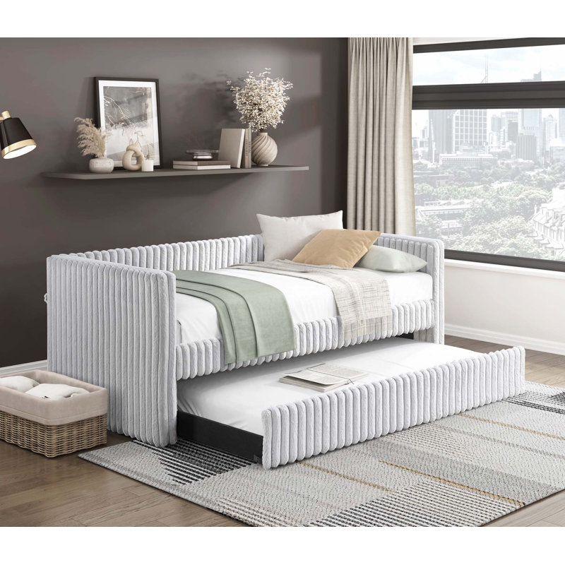 1pc Daybed with Trundle Corduroy Fabric, Gray