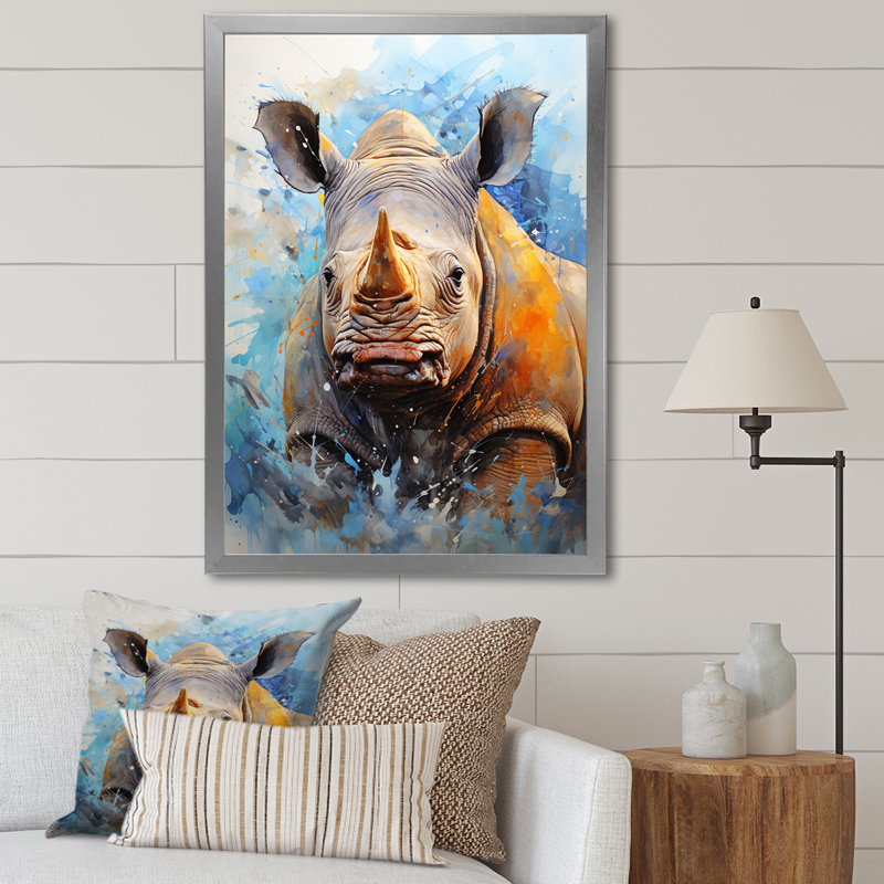 Rhinocéros gris à la chasse - Rhinocéros, art mural, Cadre simple argenté, H 32 po x l 24 po x P 1 po