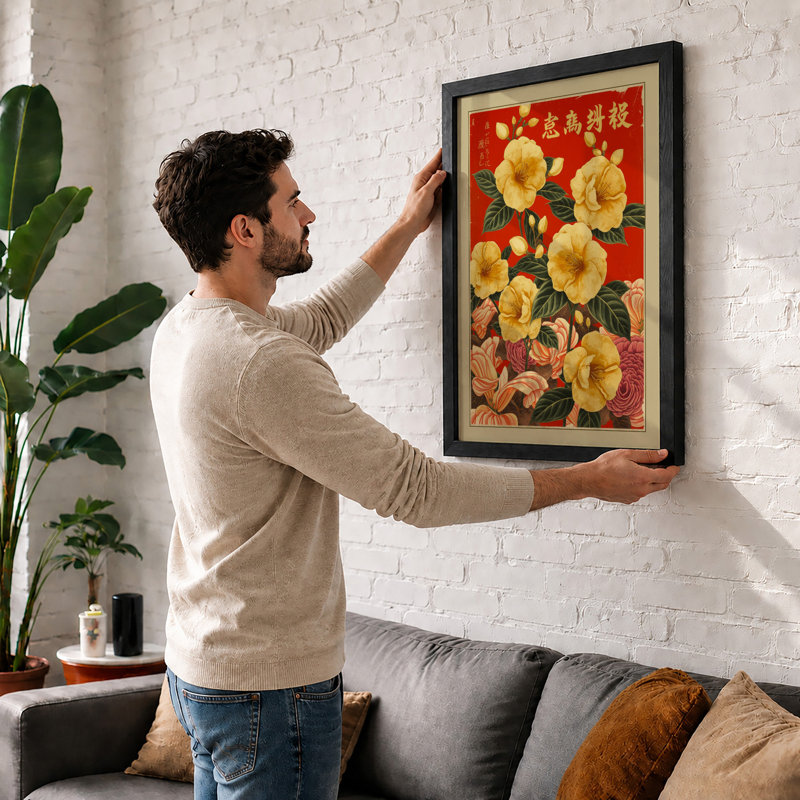 Golden Blooms In Red Botanical - Print, Unframed, A2 - 59.4 x 42.0 cm