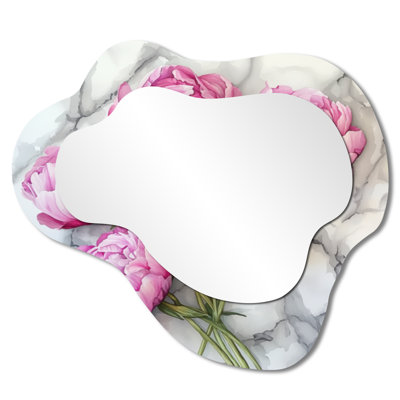 Pink Peonies On Marble Countertop/ - Peonies Cloud Decorative Wall Mirror, Traditional Vanity Mirror, Printed on Metal