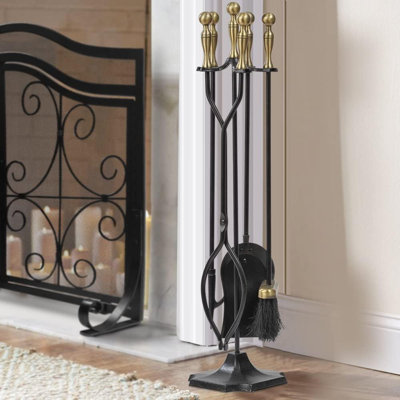 5 pièces d'outils de foyer en laiton avec poignées en fer forgé et support d'extérieur pour foyer d'extérieur