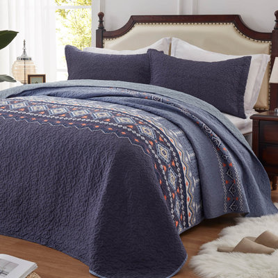 Ensemble de courtepointe pour lit double / grand 3 pièces - Couvre-lit léger en microfibre et 2 taies décoratives, motif bohème aztèque bleu, surdimensionné 90 x 98 pouces, couvre-lit toutes saisons