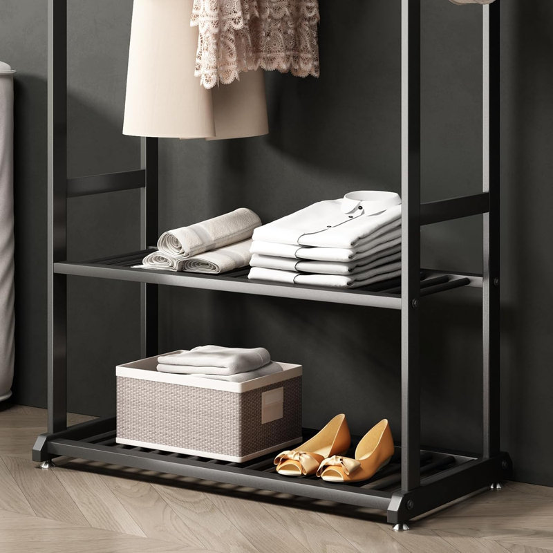 Black Heavy Duty Metal Garment Rack with Shelves and Hooks