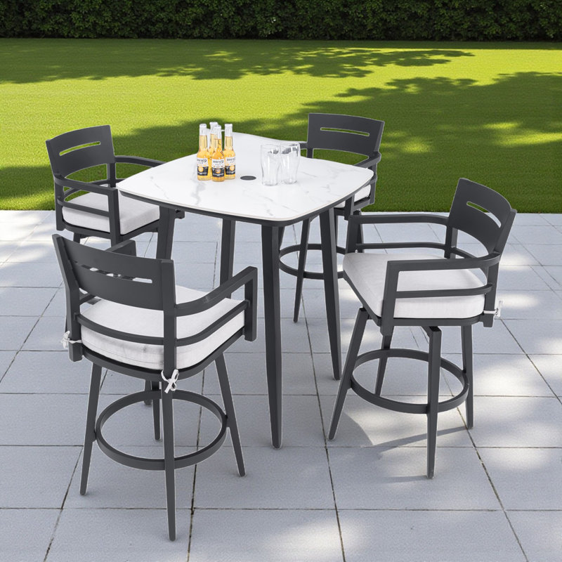 High-End Luxury Aluminum Outdoor Patio Bar Set Including 4 Swivel Bar Chairs With Sunbrella Seat Cushion & 35.4W" Square Bar Table With Umbrella Hole