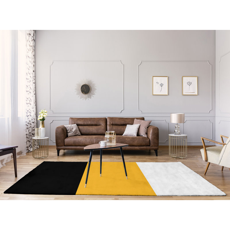 Tapis noir/doré/zone blanche rayée Pittsburgh, Rectangle 4 pi x 6 pi
