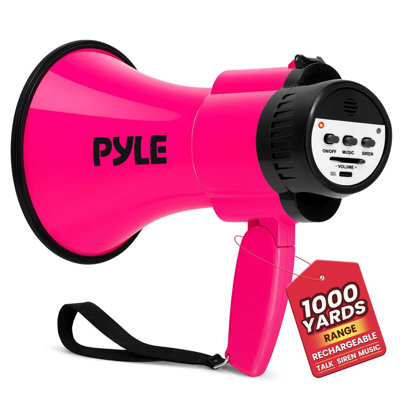 Pyle Handheld Megaphone Bullhorn with Siren | Lightweight 30W Mega Phone Output, 850 Yard Range, & USB-C Charging | Talk and Music Modes for Schools, Sports, Events and Announcements | Pink