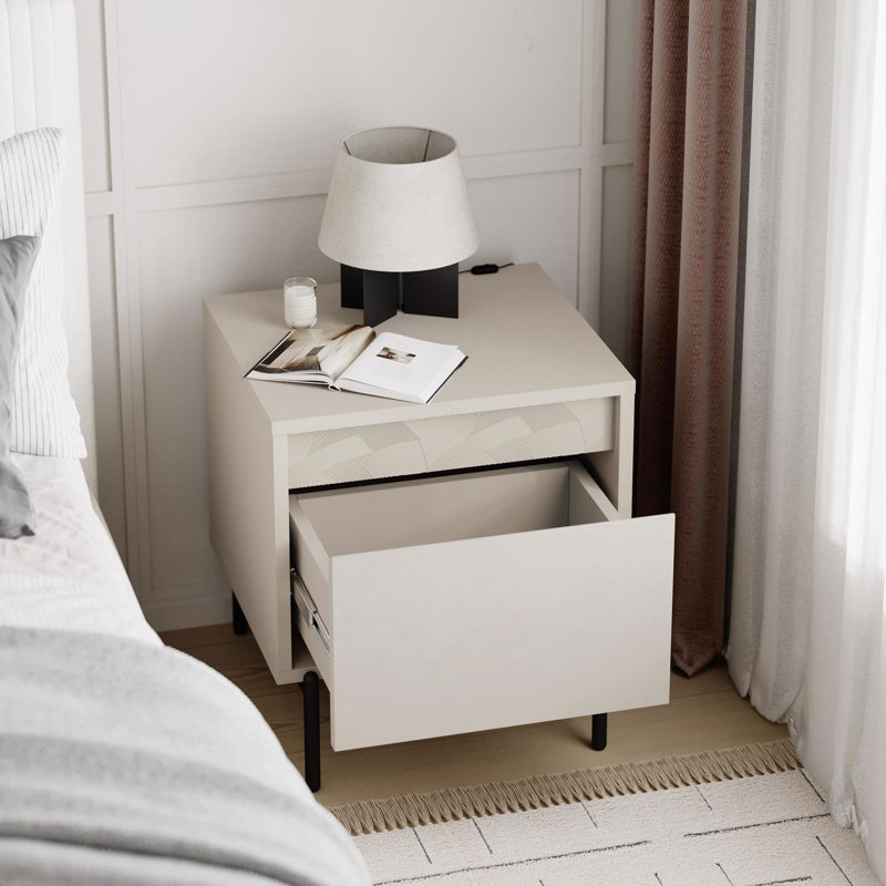 Mott 1 Drawer Nightstand Bedside Cabinet Sandstone with Black Metal Legs
