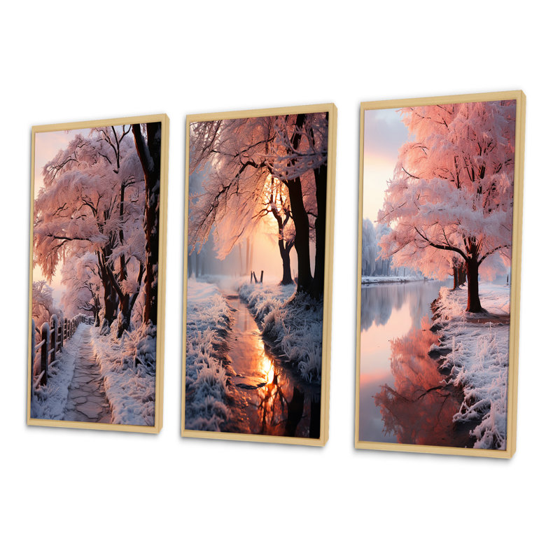 «Winter Landscape Frosty Path», 3 pièces, Cadre blanc, H 20 po x l 36 po