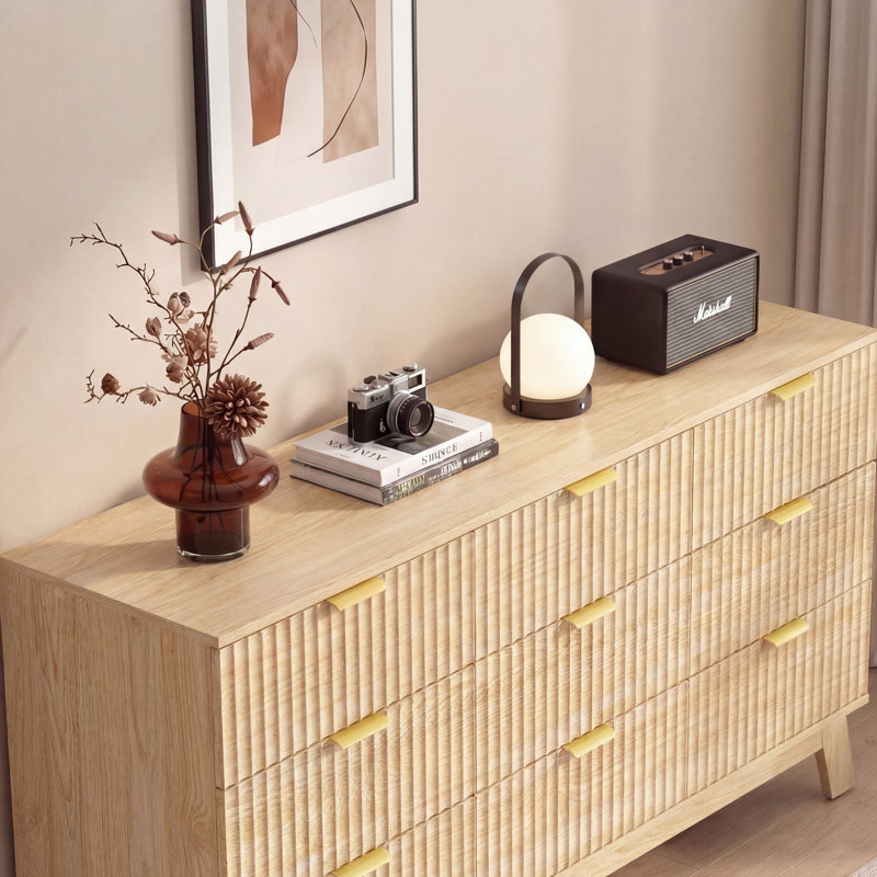 Fluted 9-Drawer Dresser 57''W Wood Wide Chest Of Drawers With Metal Handle, Adjustable Feet, Beige
