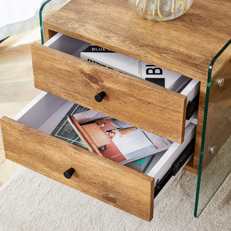 Double-drawer bedside table. The board surface is MDF with wood grain sticker, and both sides are transparent tempered glass. The design is simple and elegant, with excellent storage functions.
