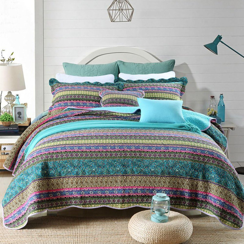 HoneiLife Retro stripes Blue Blended Quilting lightweight summer bedspreads 3-Piece King Size Bedding sets, King