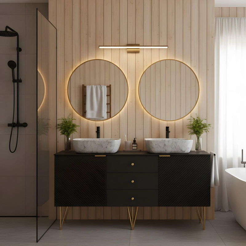 Meuble-lavabo 60 po avec 2 vasques en céramique à motif de marbre blanc