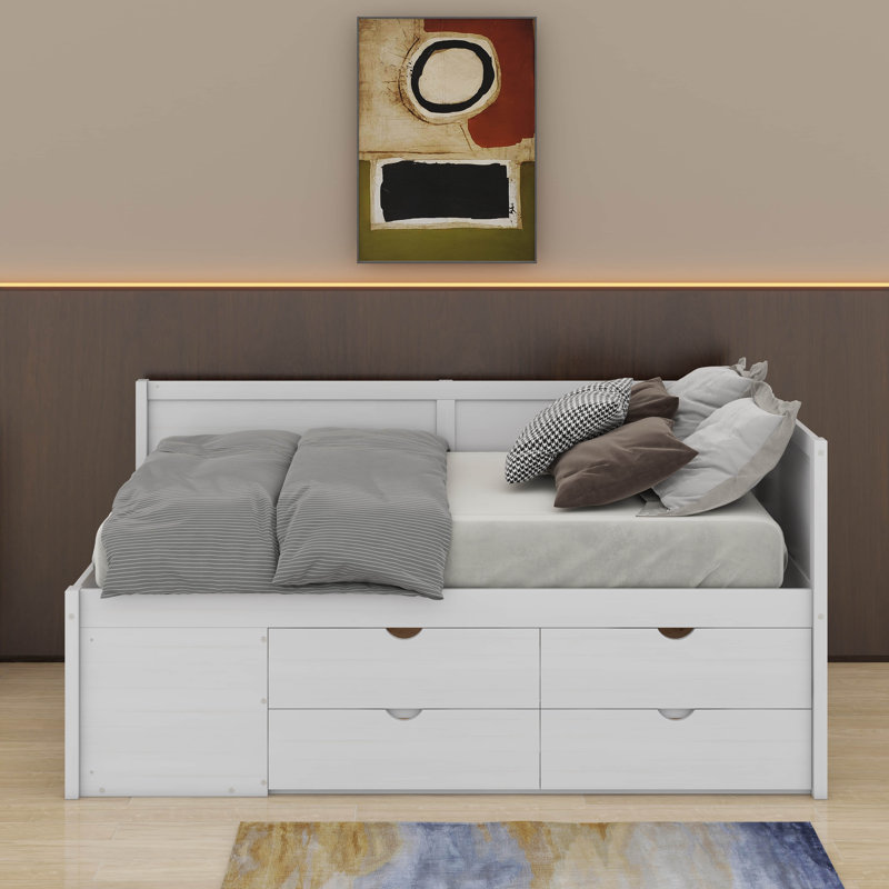 Lit de jour simple avec tiroirs et tablettes, Blanc