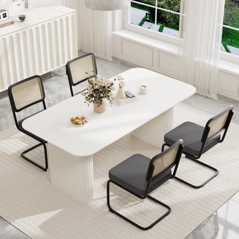 Ensemble de table de salle à manger rectangulaire à double piédestal, 5, Noir, Blanc