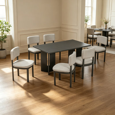 Farmhouse Wood Dining Table Set for 6 with 6 Upholstered Chairs, 60" Rectangular Dining Table with Cutout Table Legs