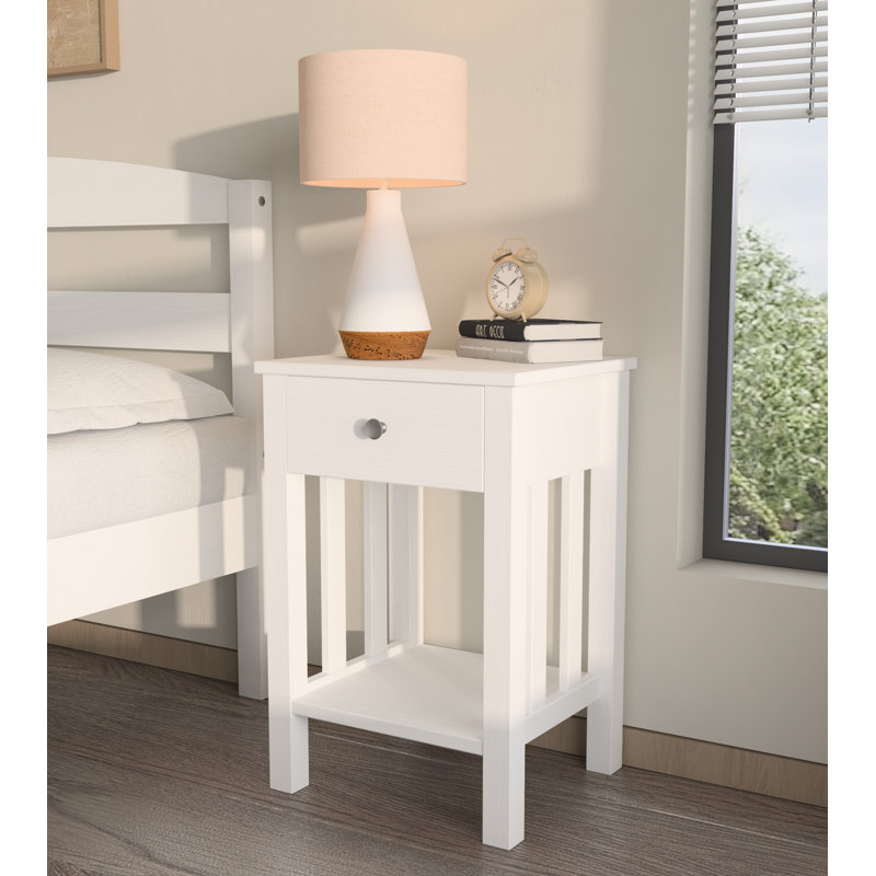 Table de chevet en bois massif Draco, table de chevet Modern Farmhouse, petite table de chevet avec tiroir, Blanc