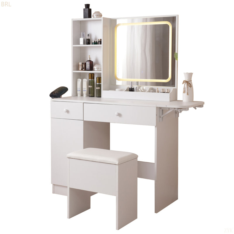 Bureau de coiffeuse avec miroir lumineux et prise de courant, bureau de maquillage avec tiroirs et grande armoire de rangement pour la chambre à coucher, 3 modes d'éclairage à luminosité réglable, tabouret de rangement,