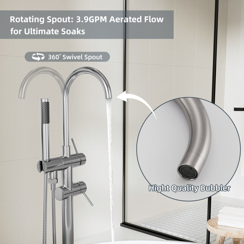 Freestanding Tub Faucet With Handheld Shower, Floor Mount Bathtub Filler In 304 Stainless Steel With 360° Swivel Spout, CUPC Ceramic Valve