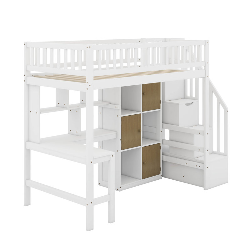 Lit mezzanine en bois avec bureau, DEL, tablettes de rangement, armoires et escalier, Blanc