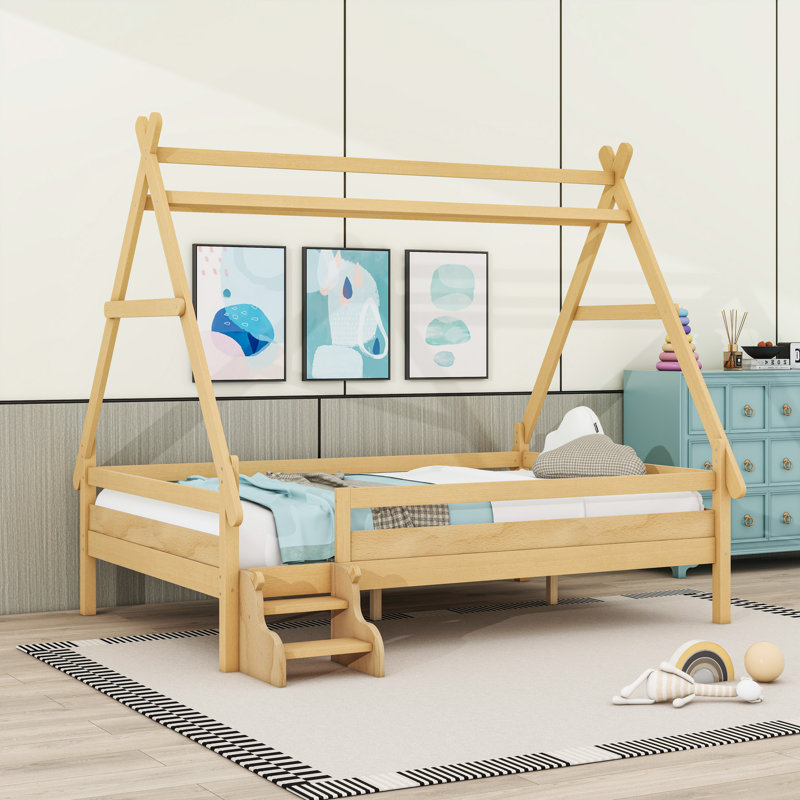 Lit plateforme en bois avec escalier, Naturel, Double