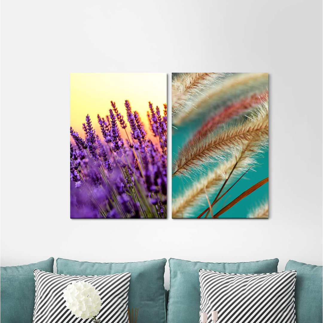 2-tlg. Leinwandbilder-Set Summer Flowers Lavender Wheat Stalks Sunset