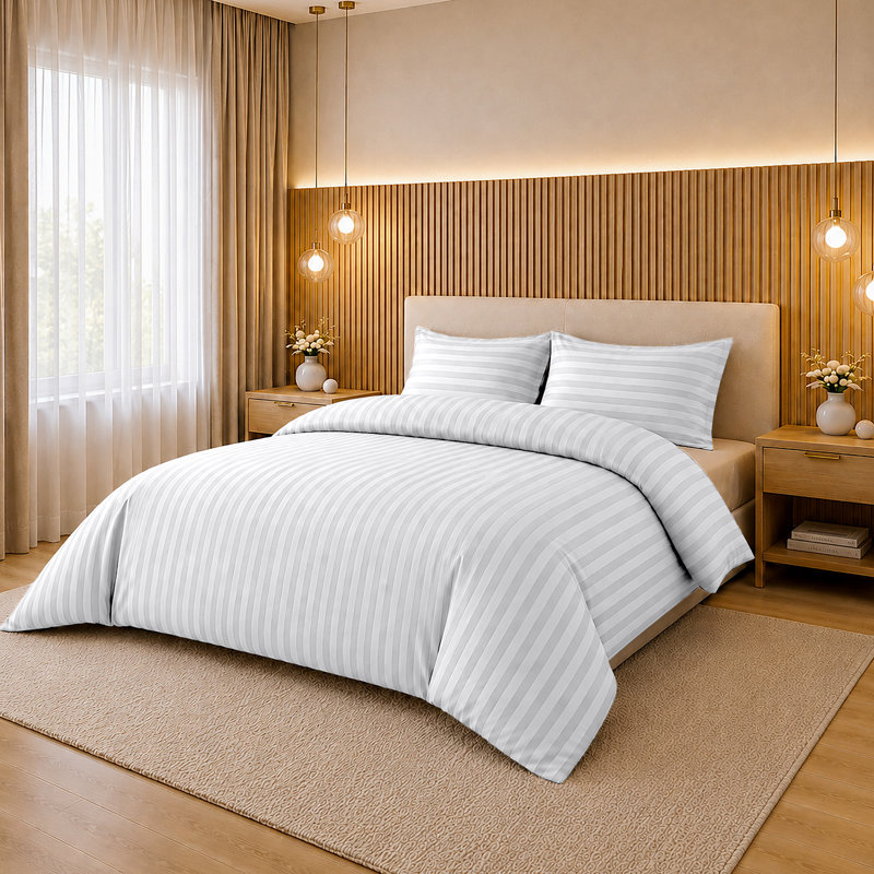 Microfiber Striped Duvet Cover Set with Pillowcases Included, King Duvet Cover Set + 2 Standard Pillowcases, White