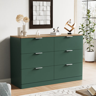 Commode 6 tiroirs pour la chambre à coucher, commode moderne de 47,2 po de largeur avec 6 grands espaces de rangement à bords arrondis, grande commode avec poignées en métal doré pour la chambre à coucher, vert et brun