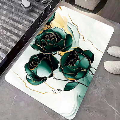 Tapis de bain en terre de diatomées, art vert émeraude, roses, volume super-absorbant, séchage rapide, écologique, facile à nettoyer, facile à nettoyer pour la salle de bain Tapis de porte de cuisine 16 x 24 pouces