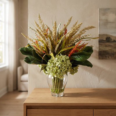 Fall-Themed Heather and Hydrangea Arrangement in Glass Vase