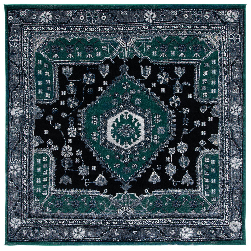 Tapis oriental vert / noir Djenabou, Carré 6 pi 7 po