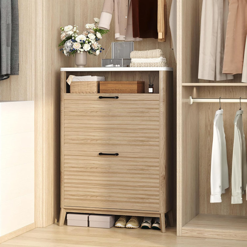 Fluted Shoe Storage Cabinet With 2 Flip Drawers