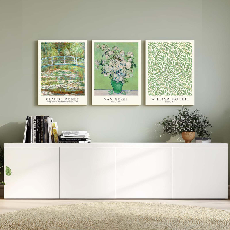 Art mural encadré Monet Van Gogh William Morris, décoration murale botanique sur gazon, peintures sur toile impressionnistes de style Mid-Century, impression de paysage moderne vert pour le salon, ensemble de 3 pièces de 12 x 16 pouces