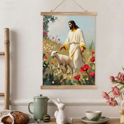 Jésus avec agneau dans un champ, rouleau suspendu, art mural, cintre en bois intégré, 16 x 24