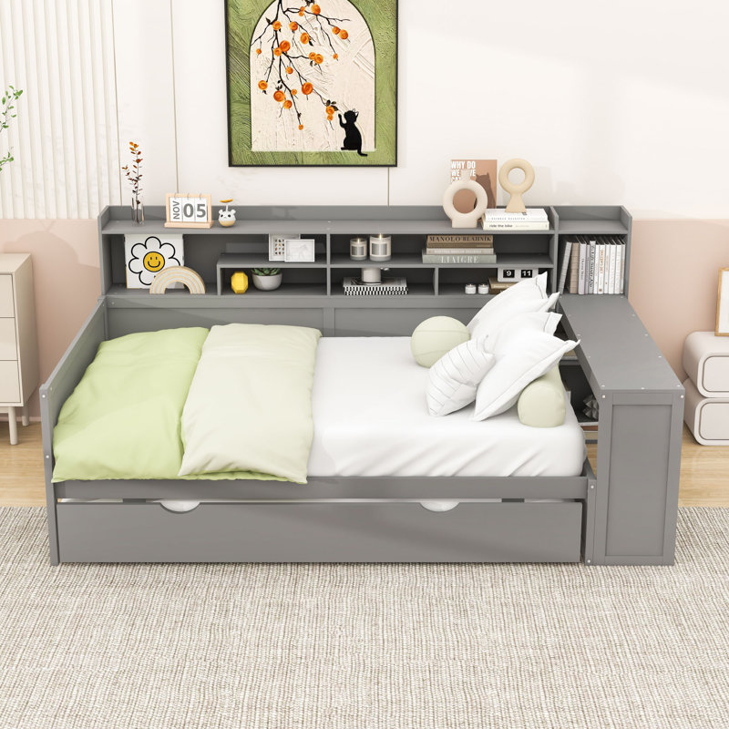 Wood Daybed with Shelves and Twin Size Trundle, Full/Double
