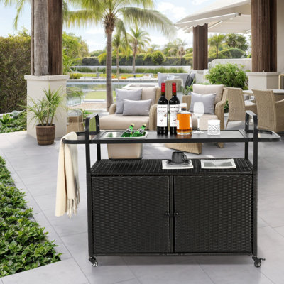 Outdoor Bar Table, Wicker Bar Cart With Cabinet, Patio Serving Cart With Steel Top, With One Ice Bucket,Lockable Wheels, Side Basket by Latitude Run