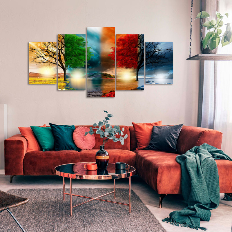 Landscape Four Stations Of The Year Red Trees - 5 Piece No Frame Print on Canvas, 100cm H x 200cm W