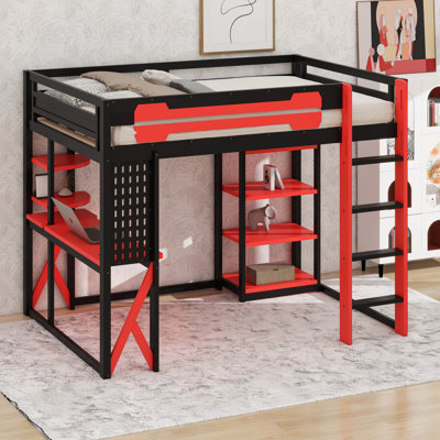 Full Size Wood Loft Bed With LED, Desk And Shelves, Wood Gaming Loft Bed