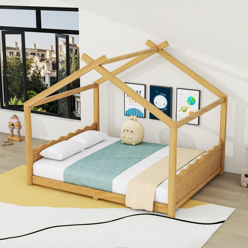 Wood House Floor Bed With Slats, Natural, Queen
