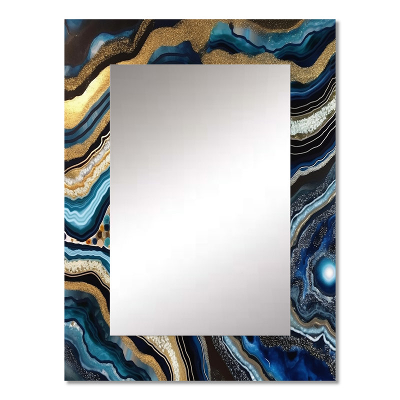 Géode dorée bleue - pierres précieuses, grand miroir mural décoratif traditionnel, art imprimé en métal, 32 po x 24 po