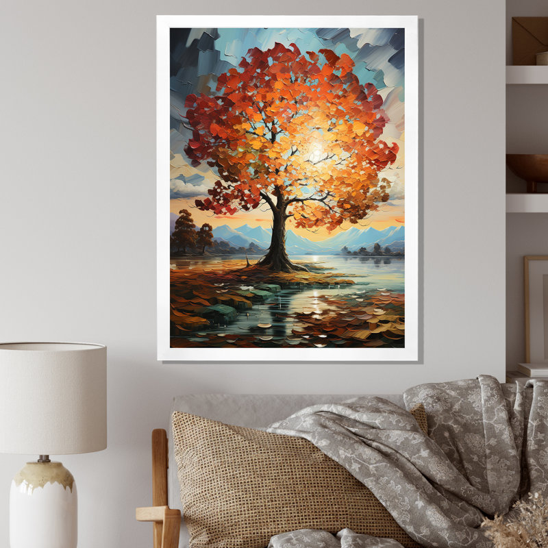 Orange, bleu sarcelle, érable majestueux, érable, art mural encadré, Cadre simple blanc, H 32 po x l 16 po x P 1 po