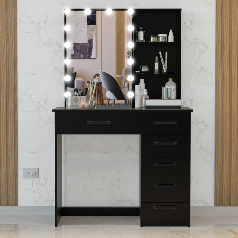 Boahaus Xanthe Lighted Makeup Vanity Desk with HD Mirror, 6 Drawers, and Add-On Lights, Black