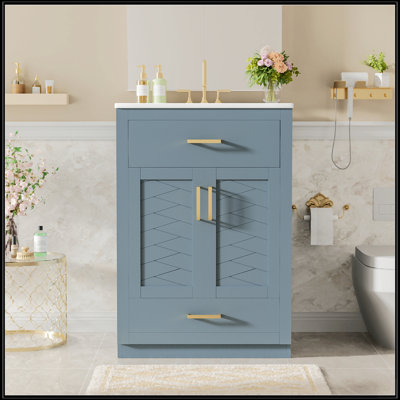 Meuble-lavabo de 24 pouces avec lavabo en céramique intégré, rangement spacieux et conception durable pour les petites et moyennes salles de bain