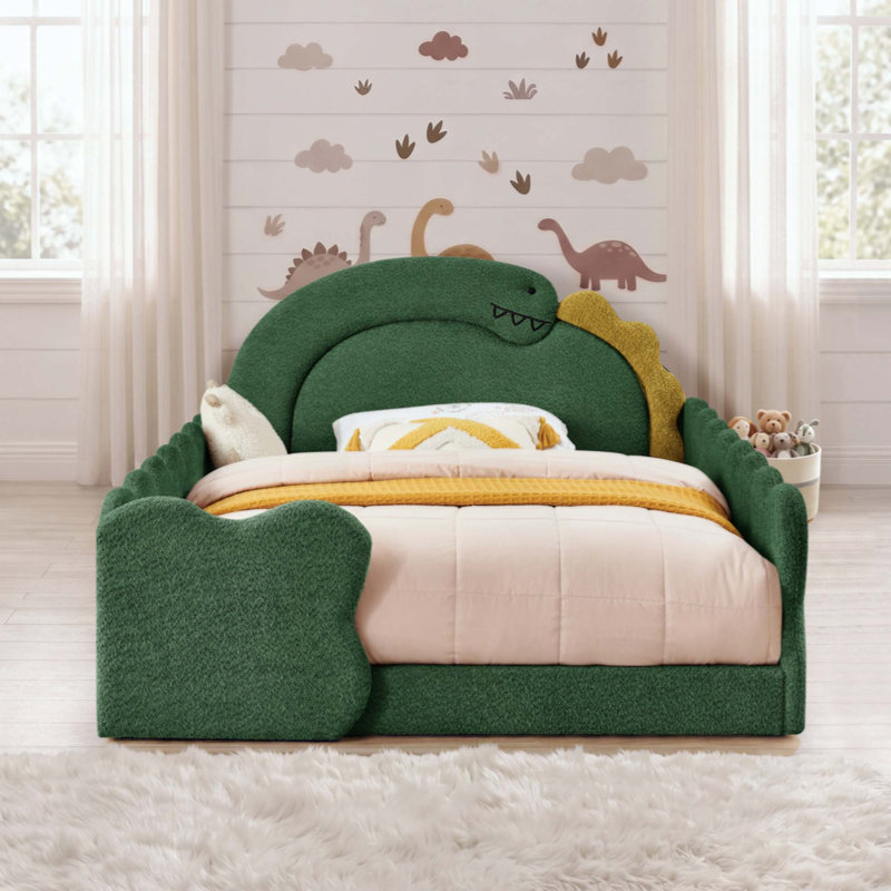Lit mignon en forme de dinosaure avec barrière de sécurité, cadre de lit en bois massif pour chambre à coucher, tissu bouclé